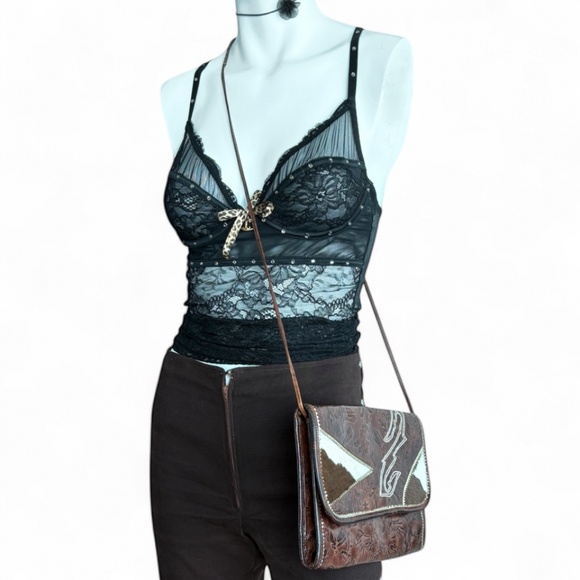 Carlos Falchi Tooled Leather & Hair-On Hide Bag – 1970s Western Shoulder / Clutc